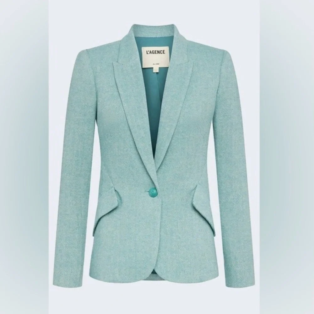 L'AGENCE Chamberlain Herringbone Mint Blue Green Blazer - Picture 2 of 15